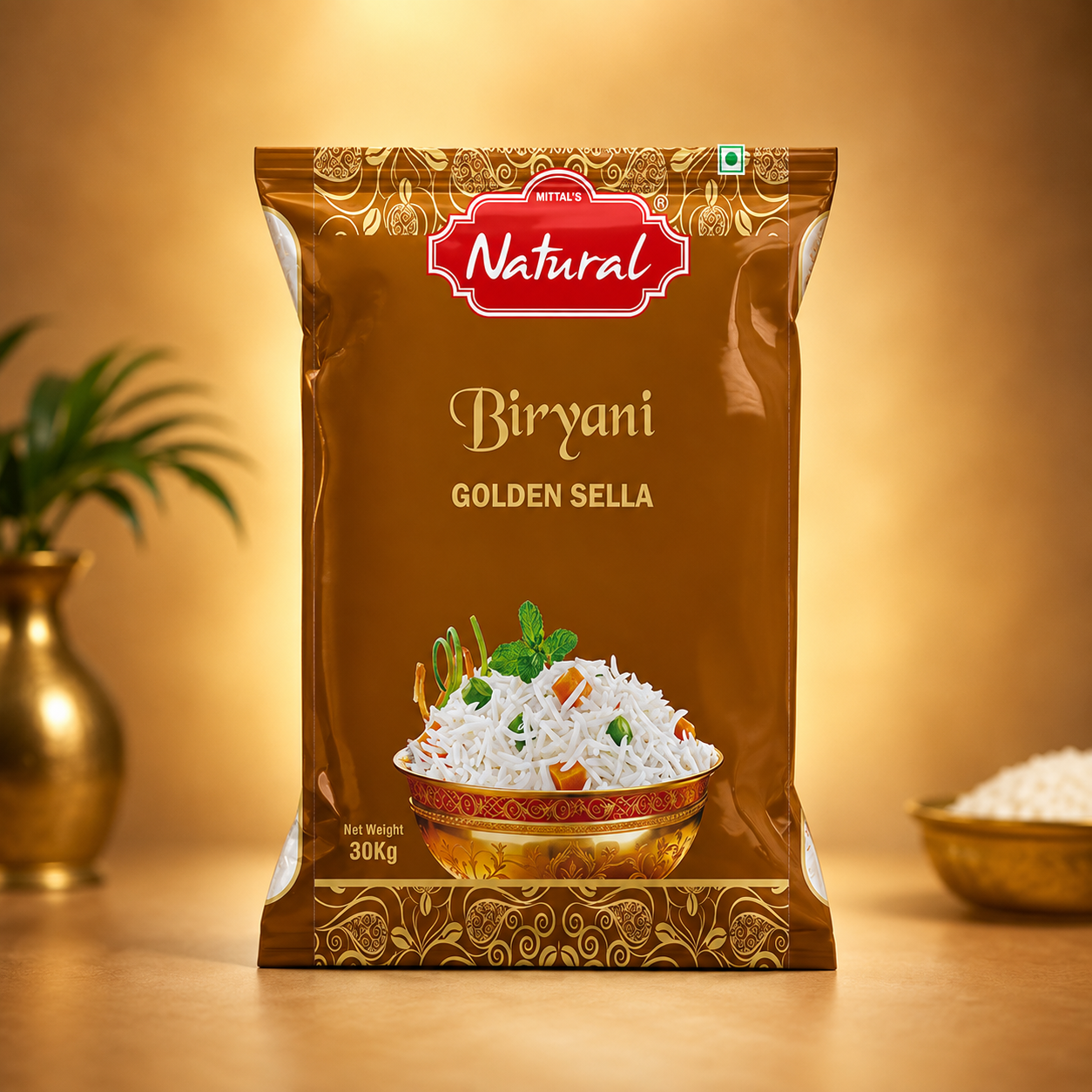Pouch of Mittal's Natural Biryani Golden Sella long grain parboiled basmati rice