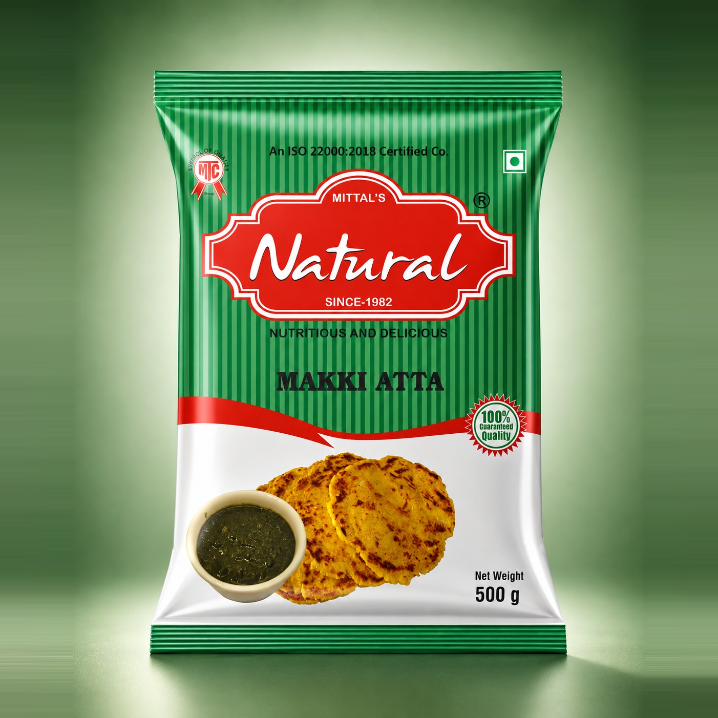 500 g green pouch of Mittal's Natural Makki Atta maize flour