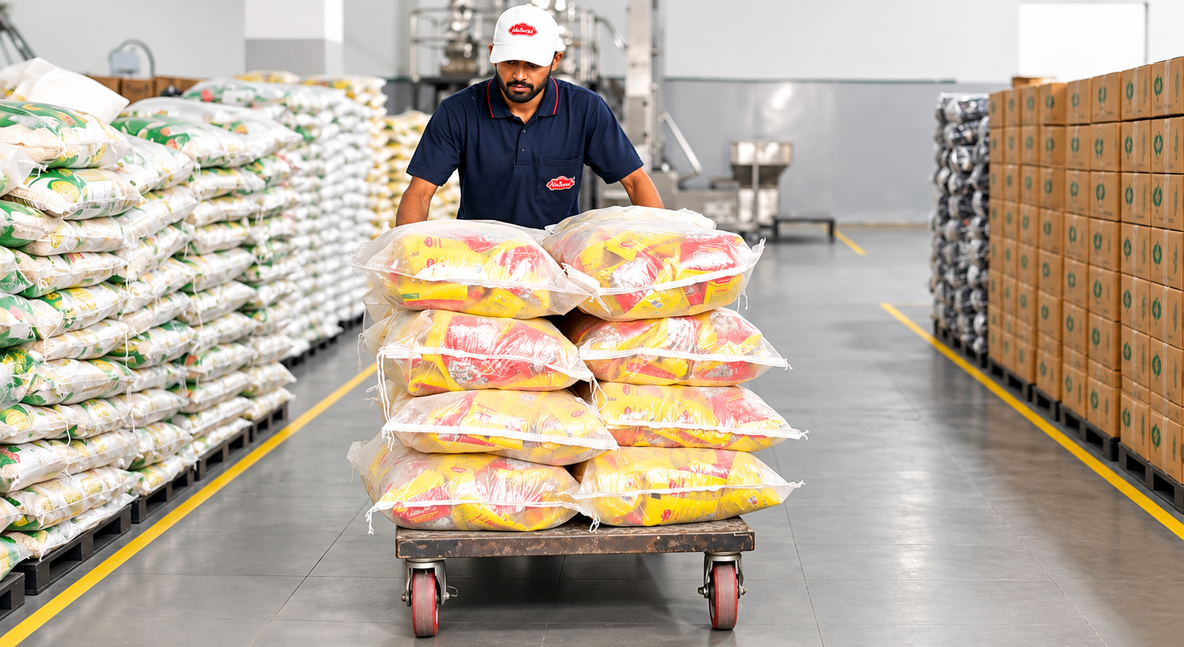 A Natural Agro India worker moving a trolley stacked with bundled retail packs down a warehouse aisle between pallets and cartons