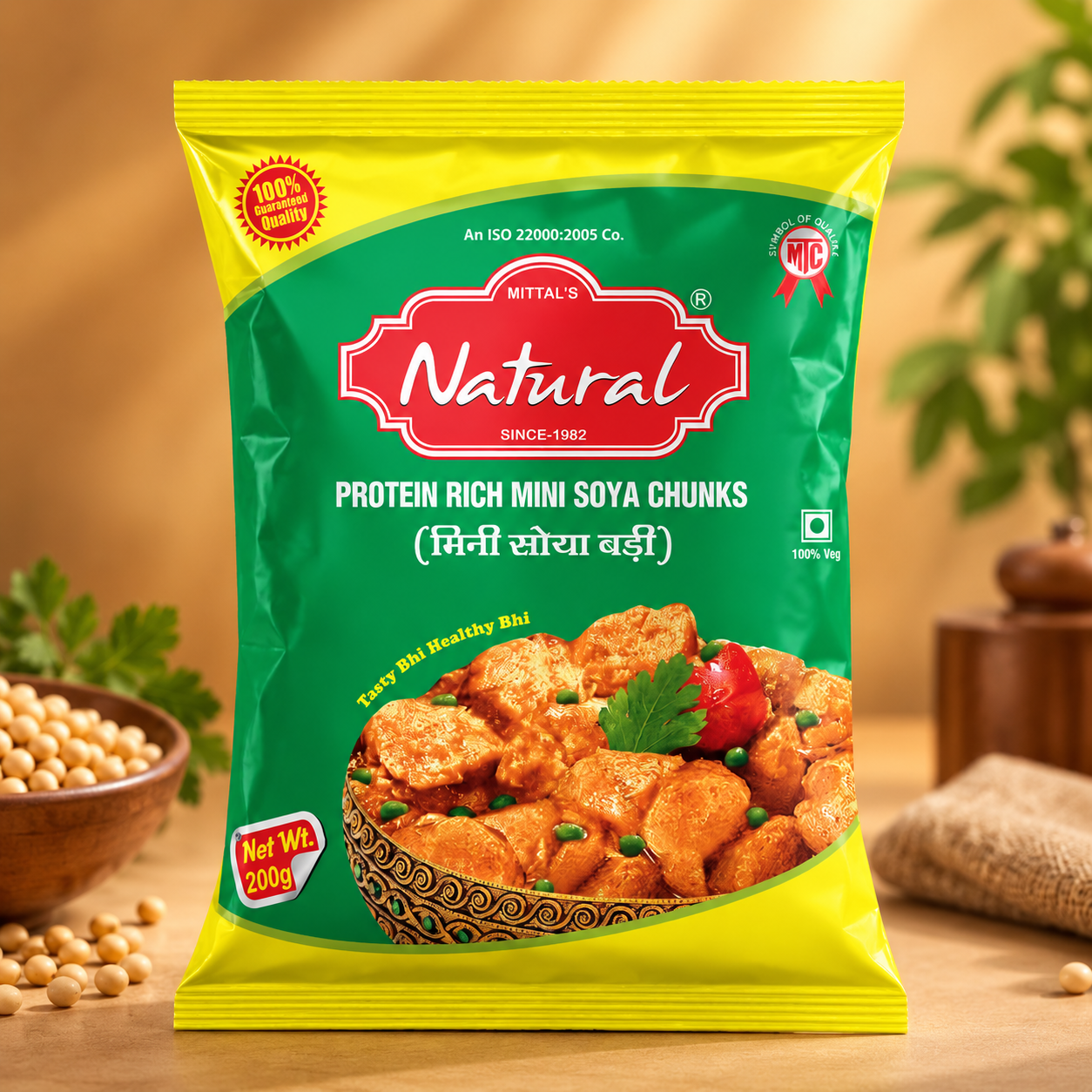 200 g green and yellow pouch of Mittal's Natural protein rich mini soya chunks