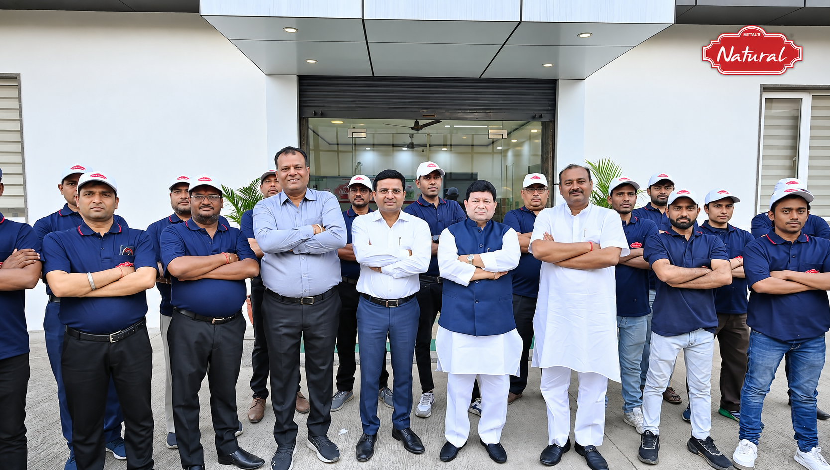 The Natural Agro India Pvt. Ltd. team in Mittal's Natural uniforms and caps standing together outside the company office