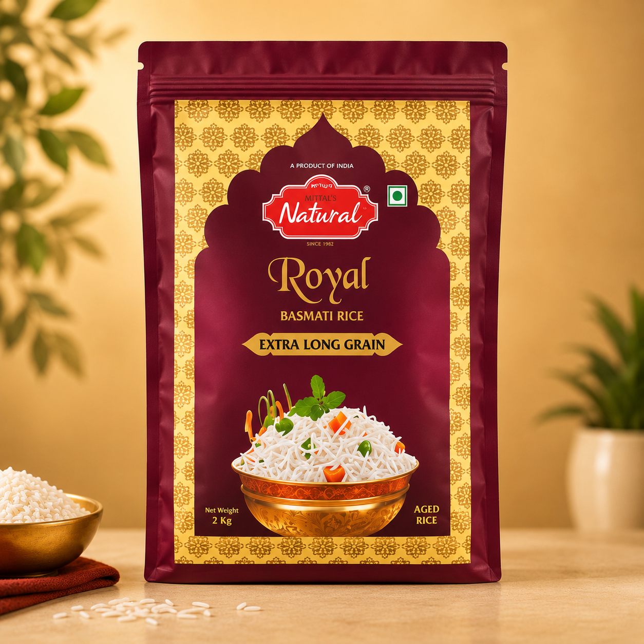 2 kg gold-accented pouch of Mittal's Natural Royal Basmati extra long grain rice
