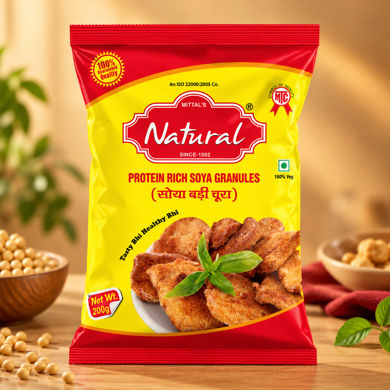 200 g red and yellow pouch of Mittal's Natural protein rich soya granules