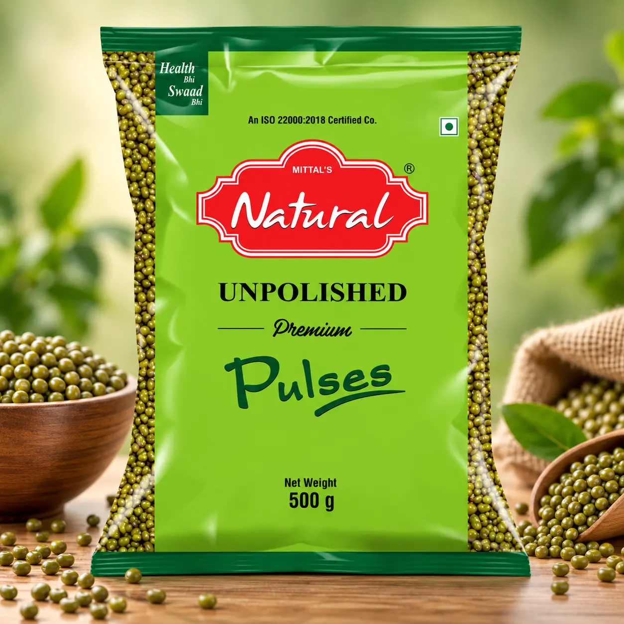 500 g green pouch of Mittal's Natural whole green moong