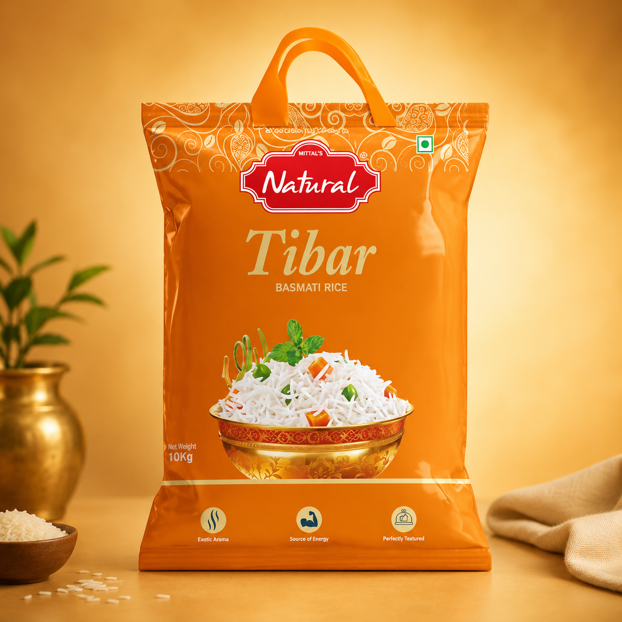 Pouch of Mittal's Natural Basmati Tibar rice in bulk 10 kg size