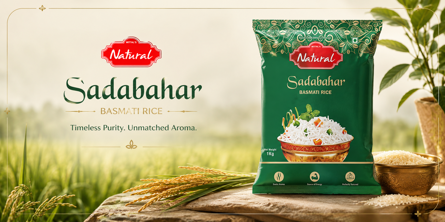Mittal's Natural Sadabahar Basmati Rice 1 kg pack banner — timeless purity, unmatched aroma