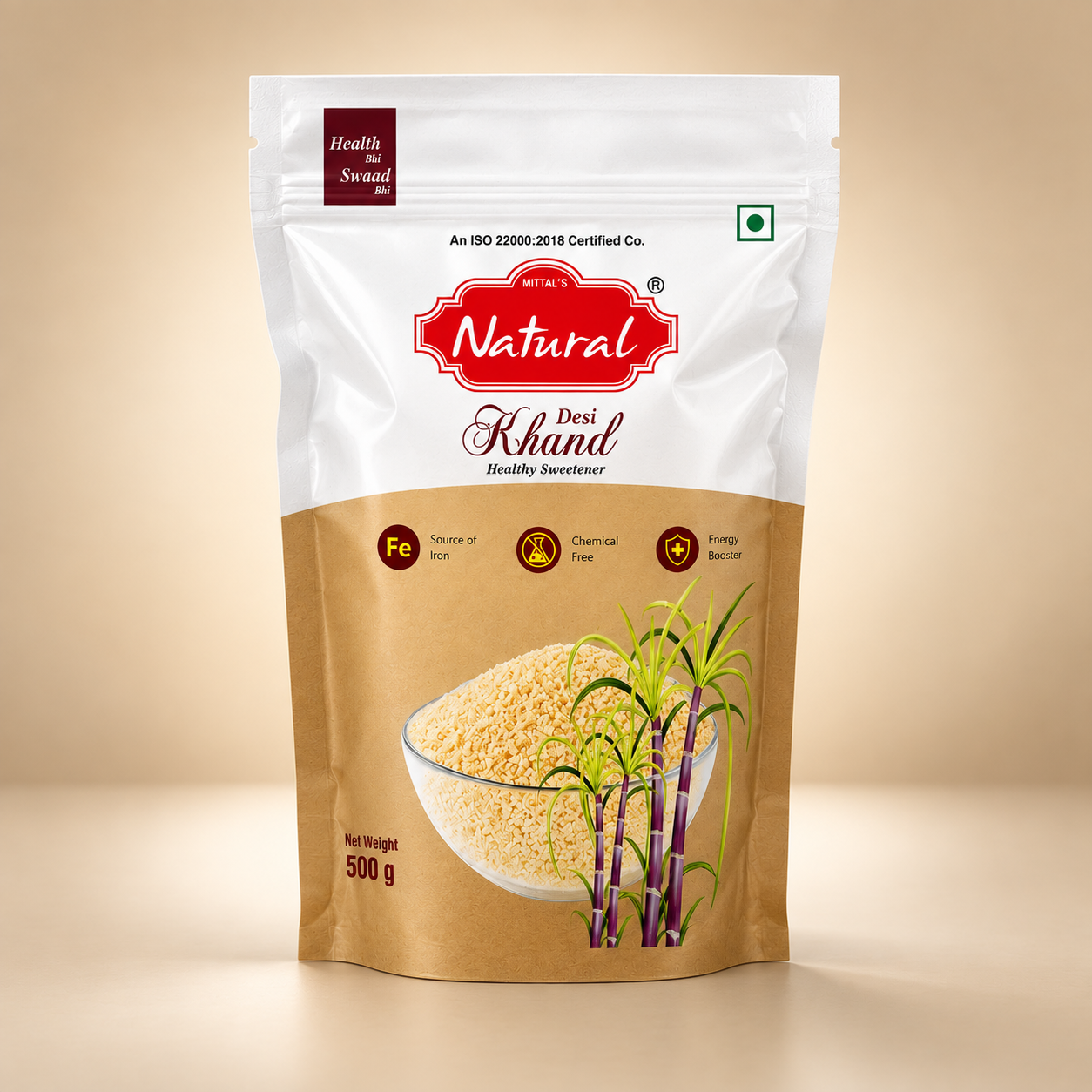 500 g white and kraft resealable pouch of Mittal's Natural Desi Khand healthy sweetener with a bowl of khand and sugarcane on the front