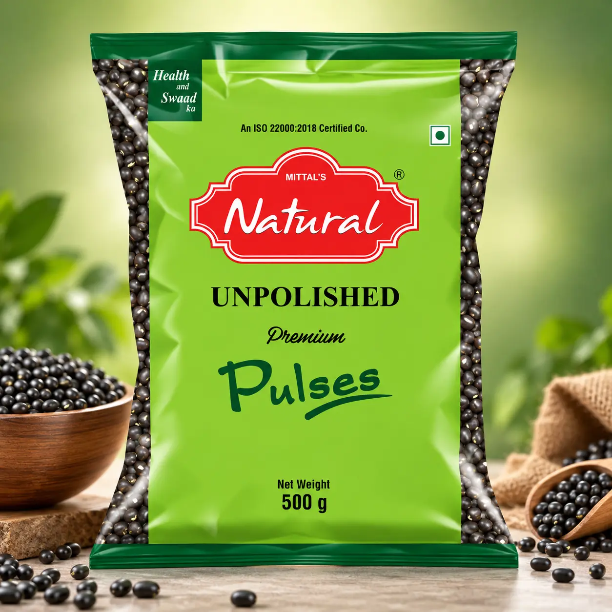 500 g green pouch of Mittal's Natural whole black urad