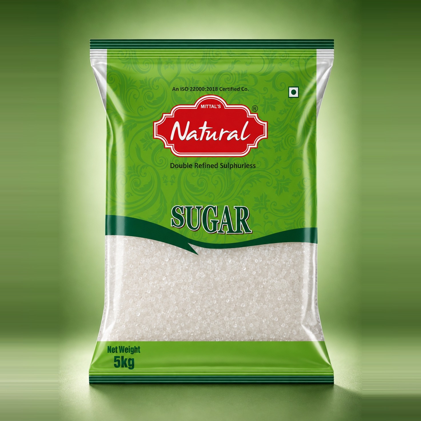 5 kg green pouch of Mittal's Natural Double Refined Sugar, sulphur free