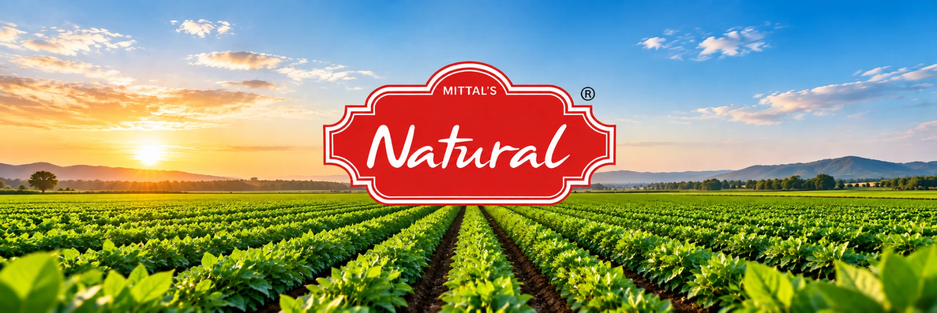 Mittal's Natural banner — the red Mittal's Natural logo above sunlit green crop rows at sunrise