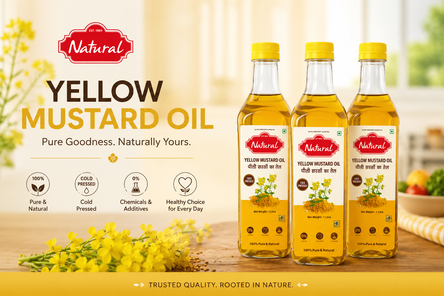 Mittal's Natural Yellow Mustard Oil banner — cold pressed, 100% pure and natural, 1 litre bottles in a mustard field
