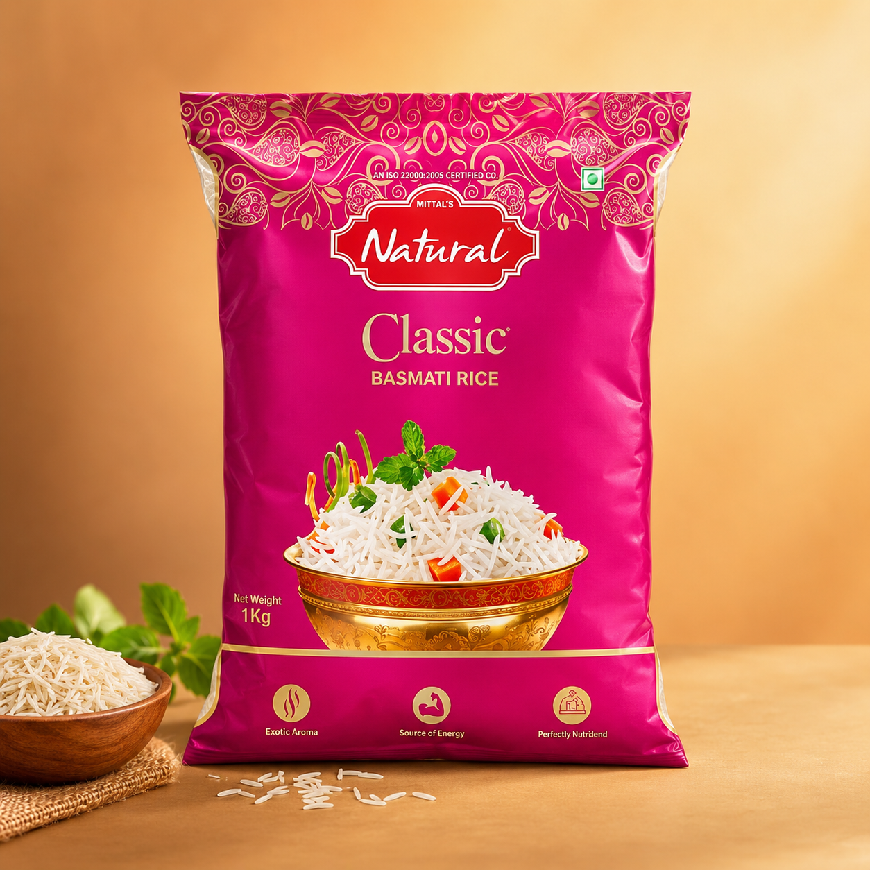 1 kg pink pouch of Mittal's Natural Classic Basmati rice