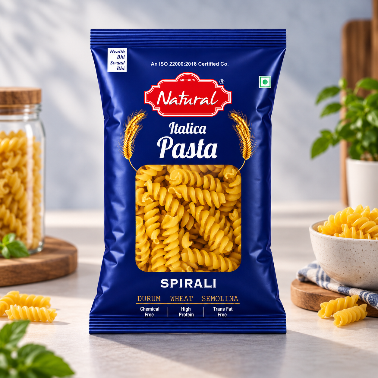 400 g dark blue pouch of Mittal's Natural Italica Spirali pasta