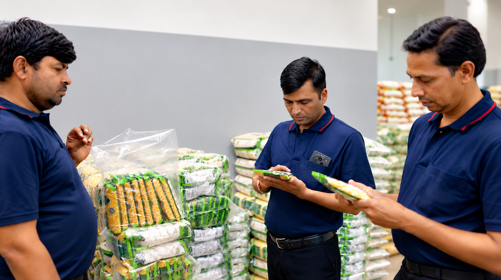 Three Natural Agro India staff in navy uniforms inspecting sealed pulses and rice packs beside stacked sacks in the warehouse