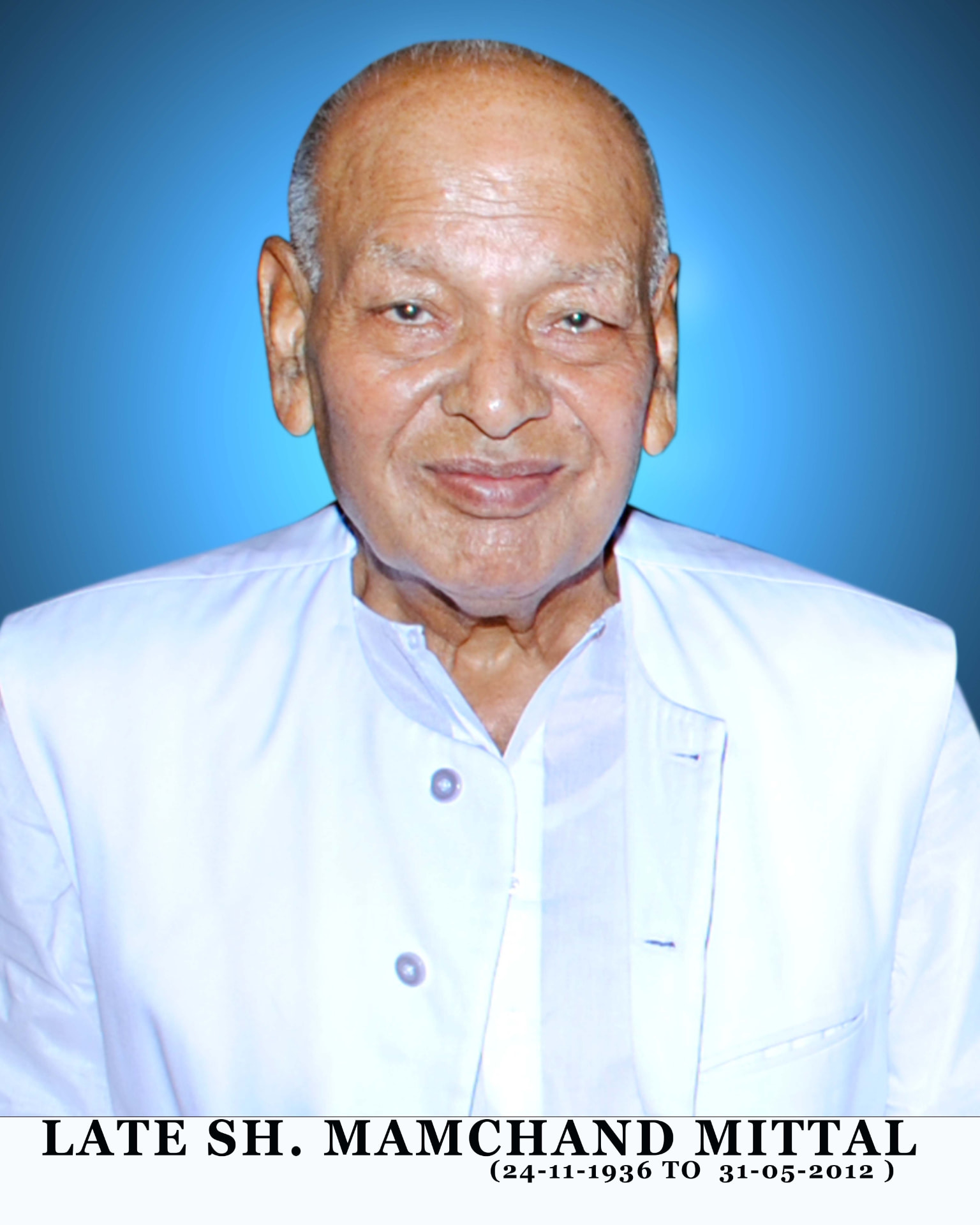 Portrait of Late Sh. Mamchand Mittal, founder of Natural Agro India Pvt. Ltd., in a white kurta against a blue background