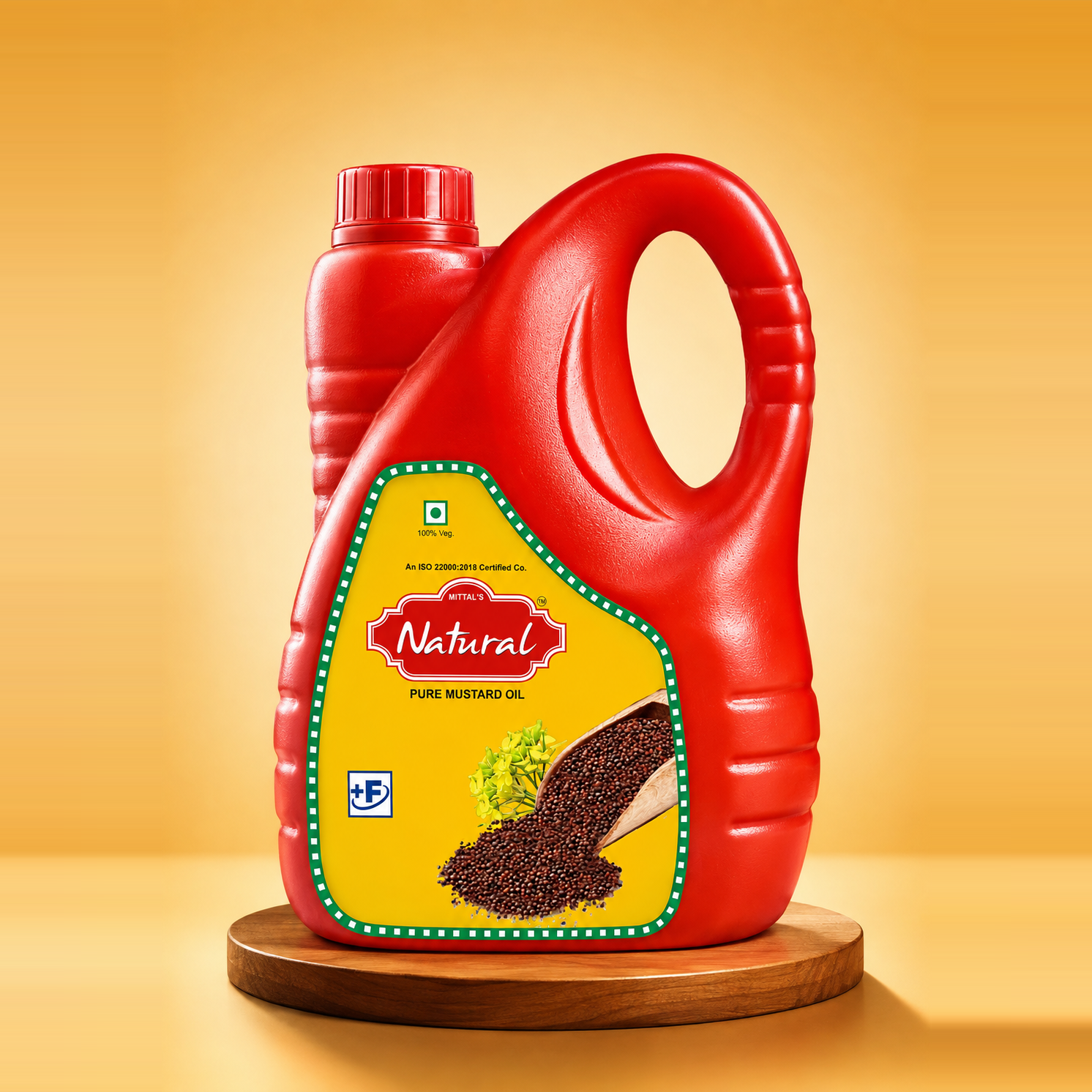 5 litre jar of Mittal's Natural cold pressed pure mustard oil with a red cap and carry handle