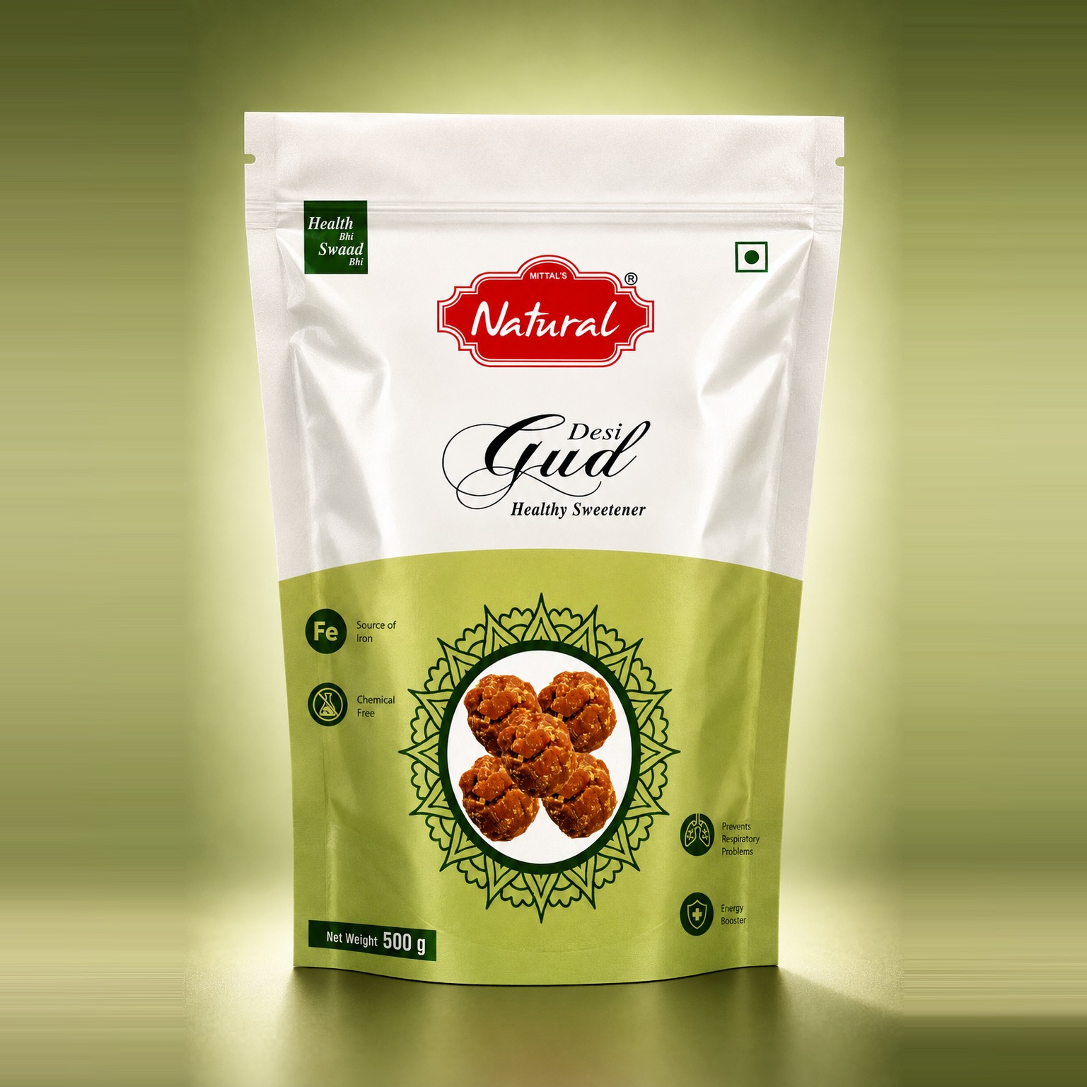 500 g white and green pouch of Mittal's Natural Desi Gud jaggery