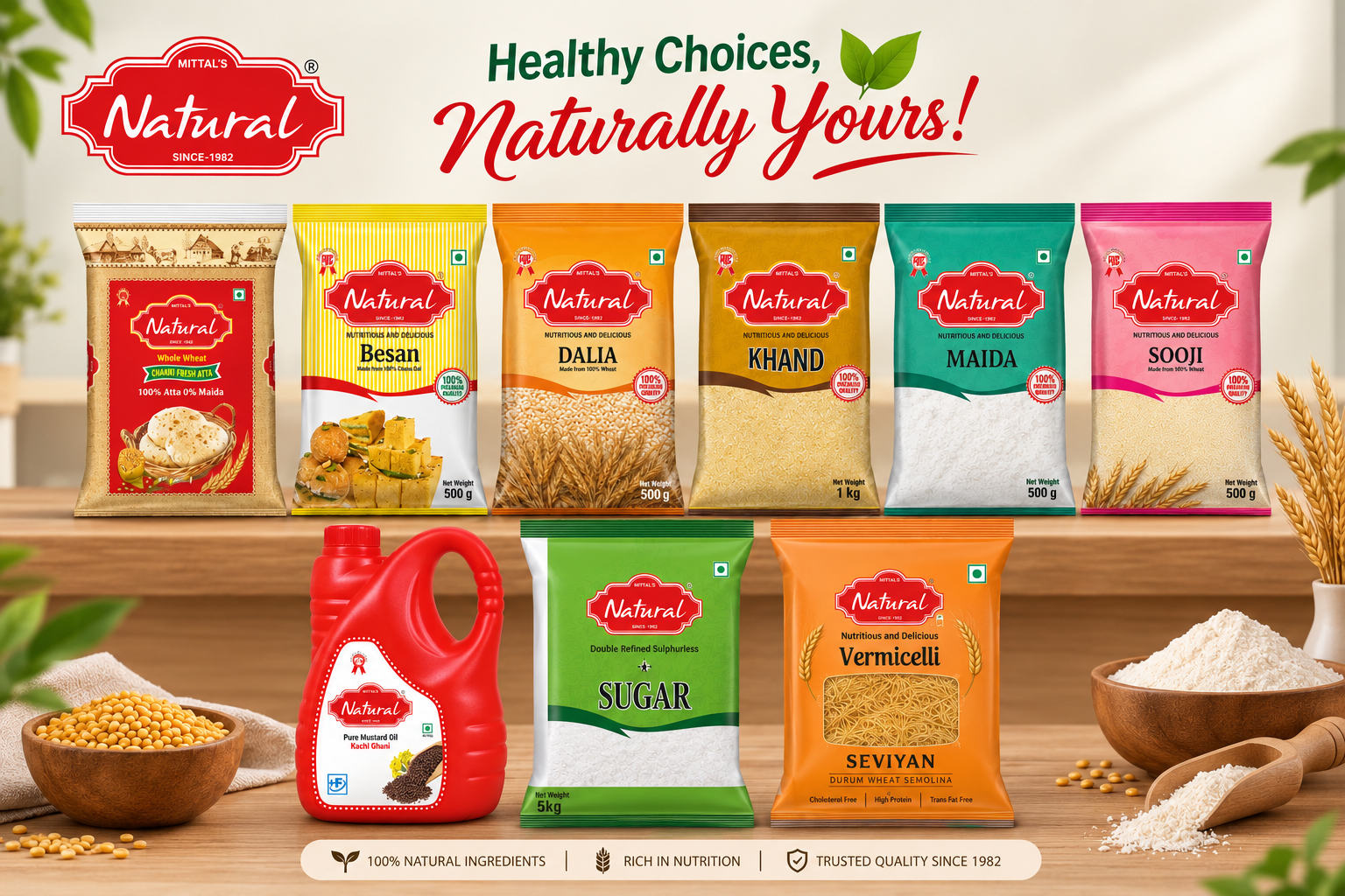Mittal's Natural product range — chakki atta, besan, dalia, khand, maida, sooji, mustard oil, sugar and vermicelli packs