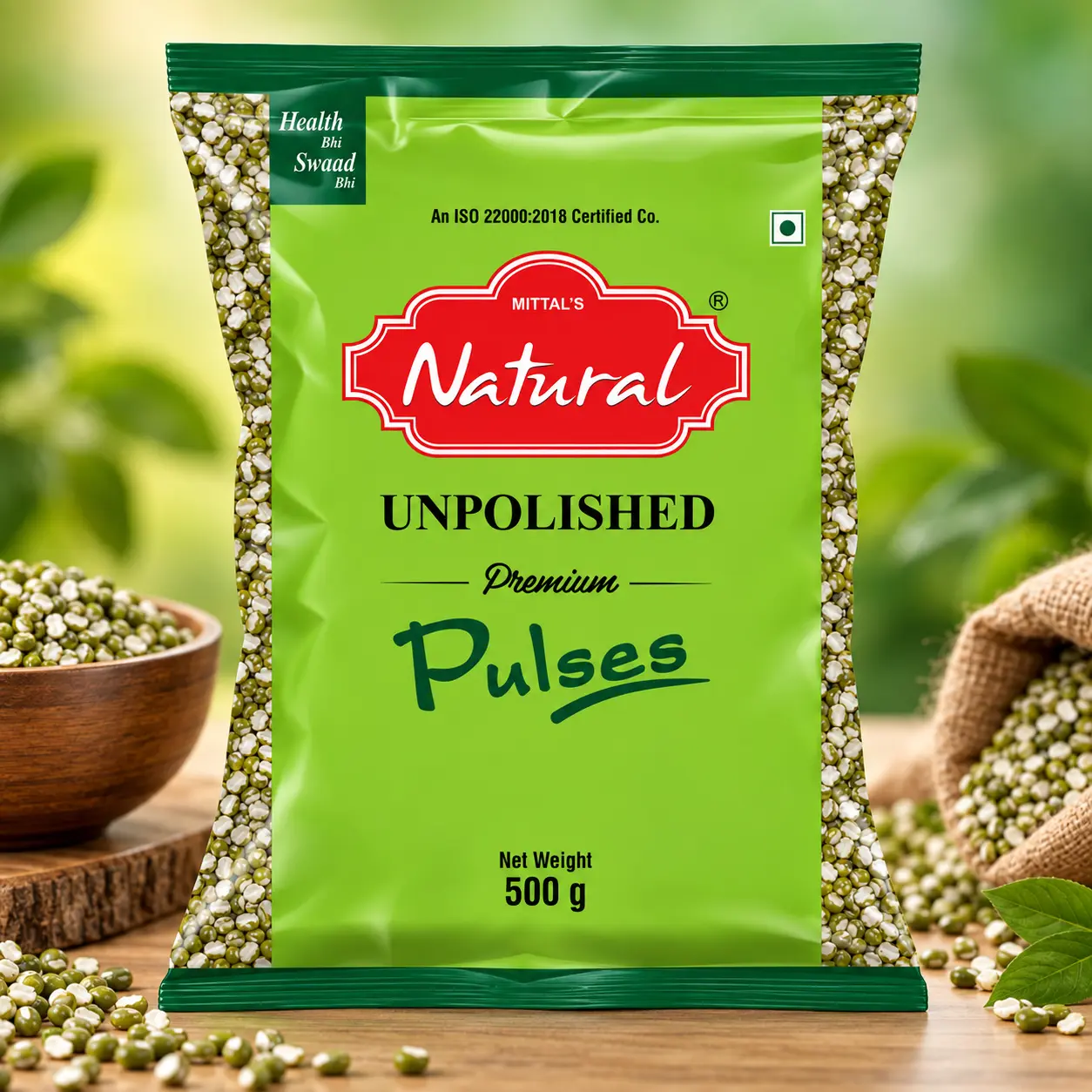 500 g green pouch of Mittal's Natural split green moong chilka