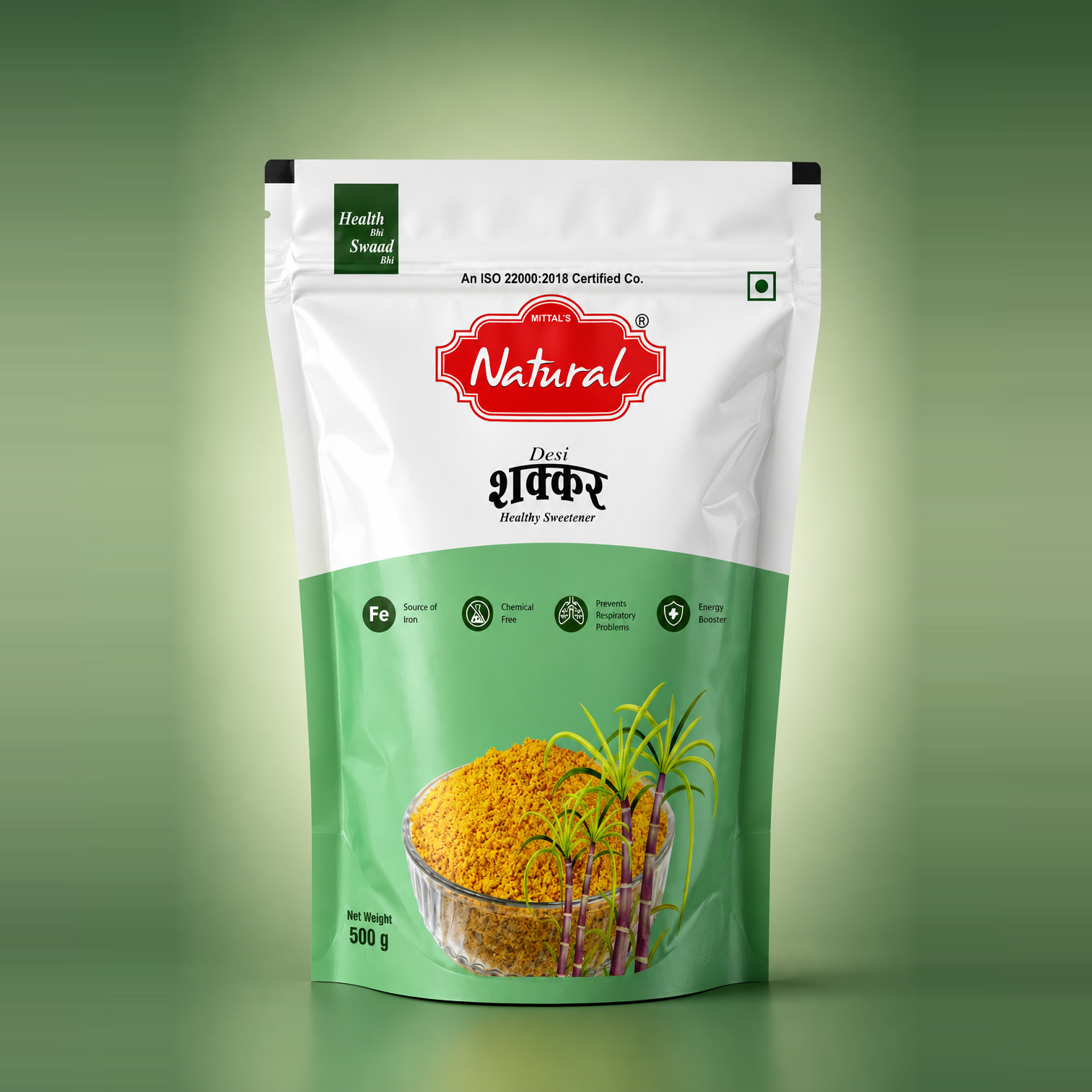 500 g pouch of Mittal's Natural Desi Shakkar granular jaggery