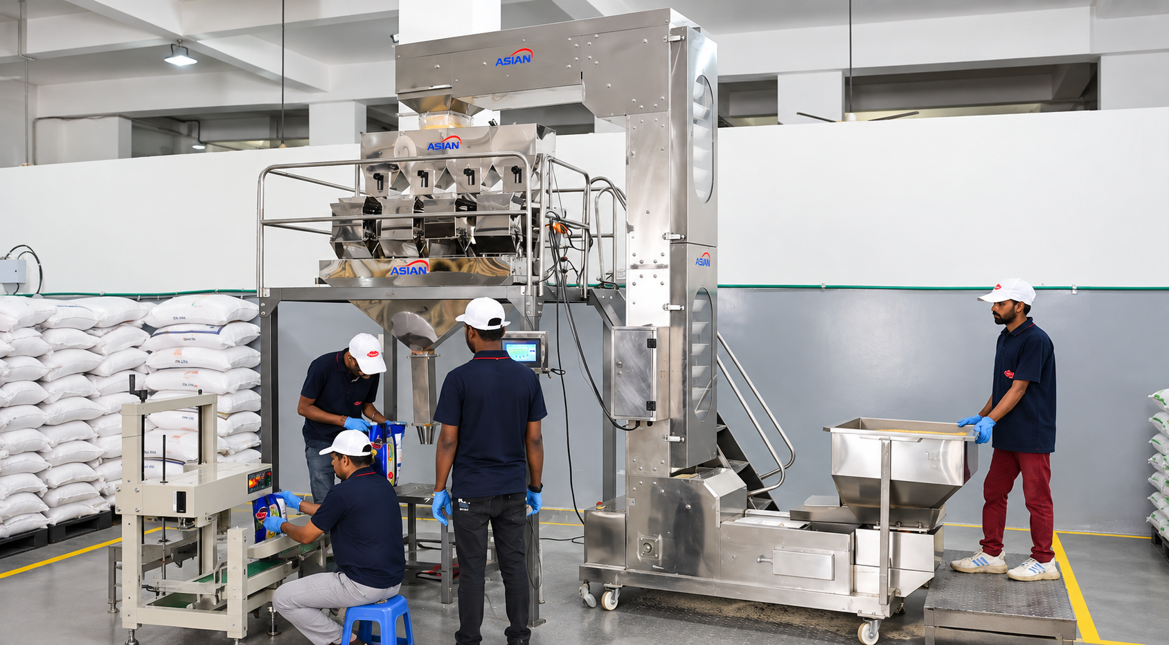 The packing team operating an automatic multihead weighing and filling machine on the Natural Agro India packing line