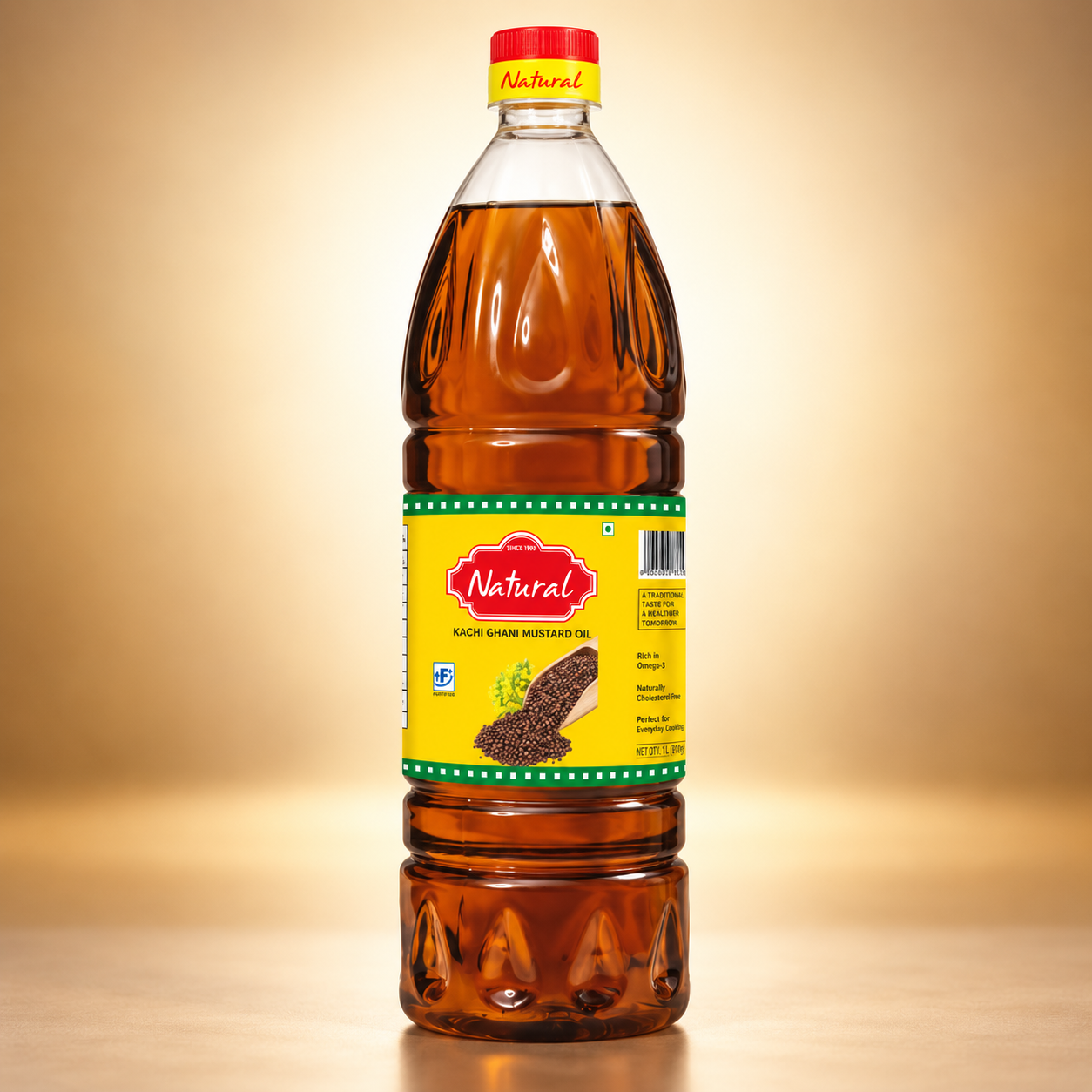 1 litre bottle of Mittal's Natural Kachi Ghani mustard oil with a yellow label and red cap