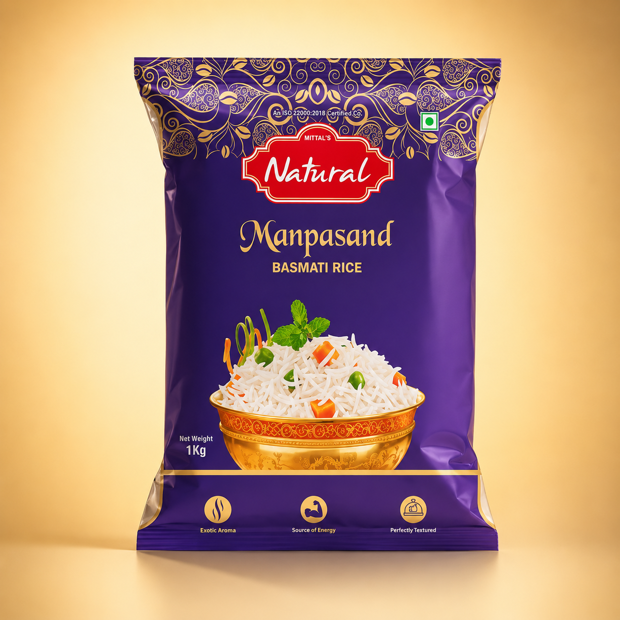 Pouch of Mittal's Natural Basmati Manpasand rice showing long white basmati grains