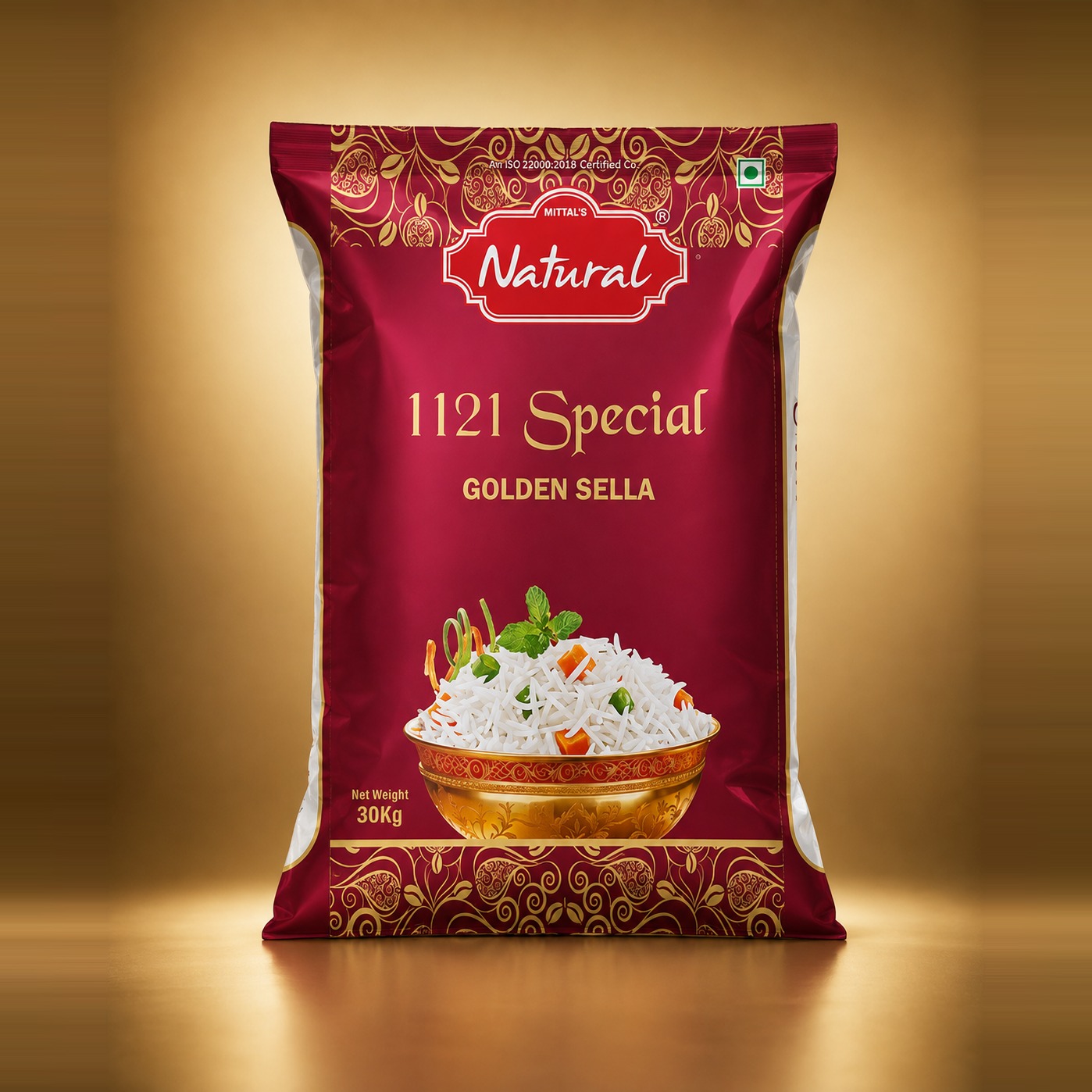 30 kg maroon pouch of Mittal's Natural 1121 Special Golden Sella parboiled basmati rice