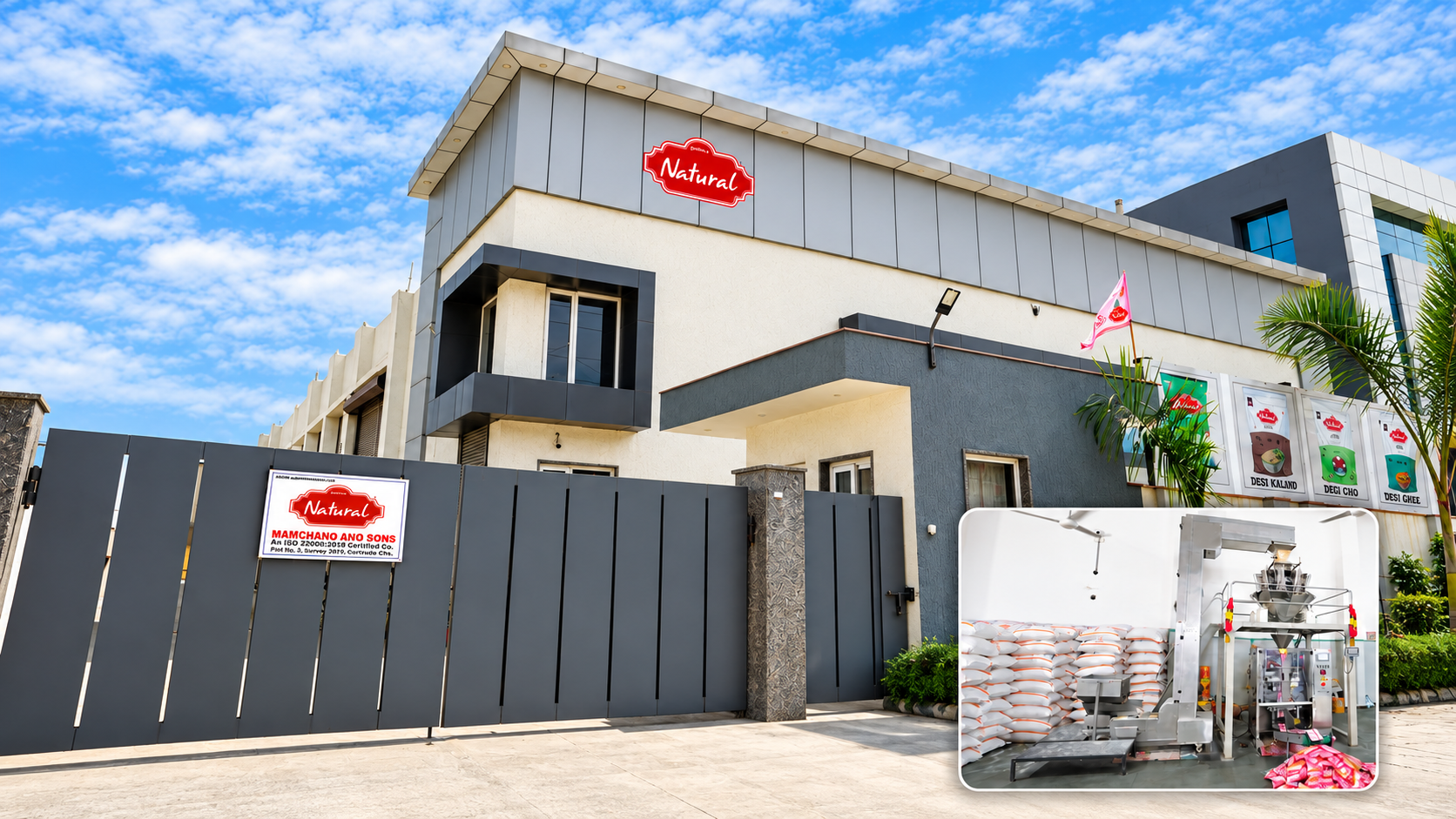 Natural Agro India's FSSAI-licensed packing facility in Faridabad, with automated weighing and packing machinery inside